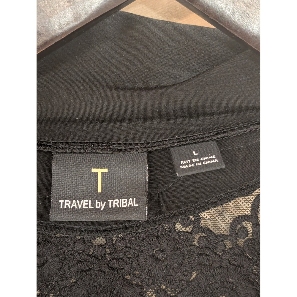 Travel by Tribal Womens Large Black Lace Trim Open Front Cardigan Top - Picture 2 of 6
